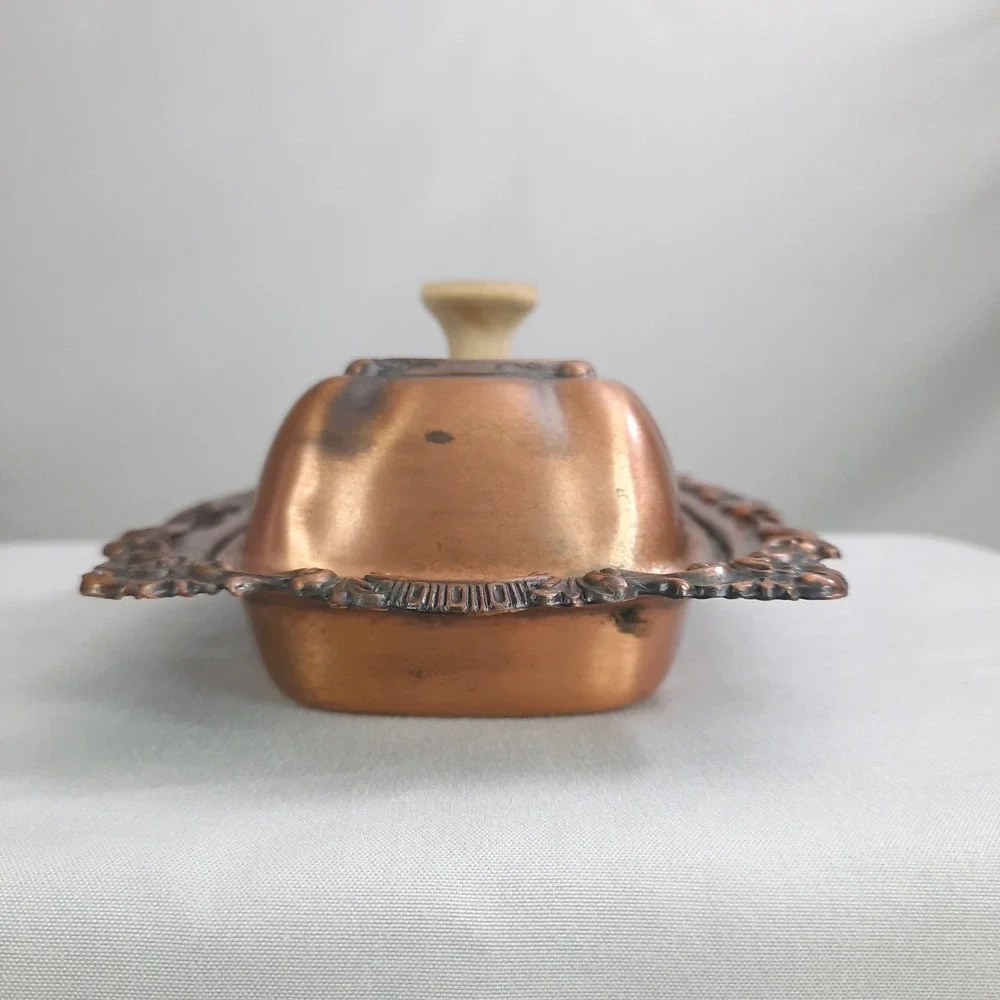 Vintage Copper Covered Butter Dish with Glass Insert Lid Ornate Cottagecore